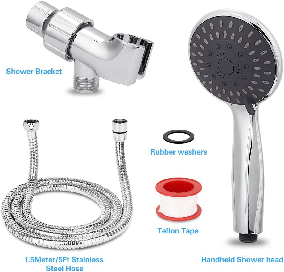 Shower Head, High Pressure Handheld Showerhead with Hose, 5 Settings Chrome Finished Hand Held Rainfall Shower Set- Including Bracket Teflon Washer