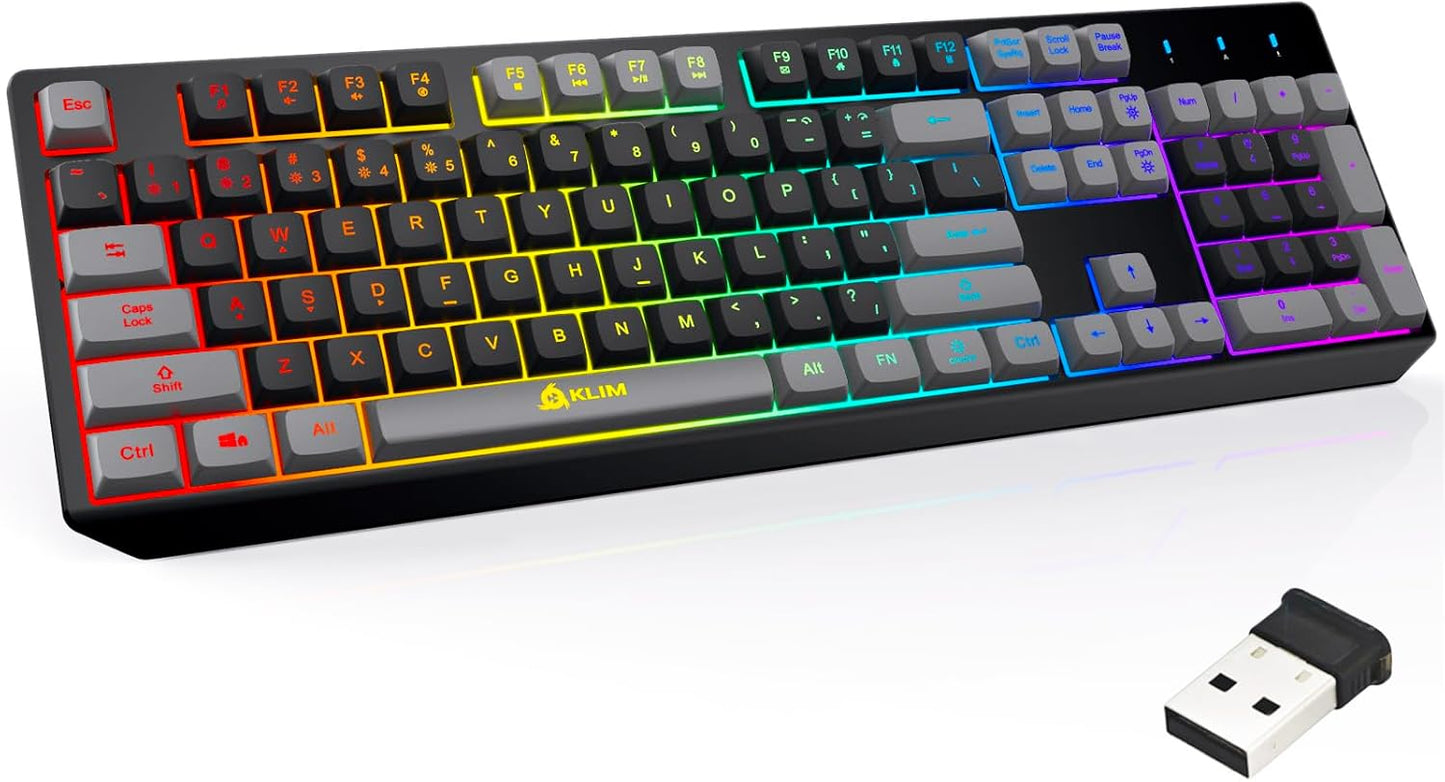 KLIM Chroma Wireless Gaming Keyboard RGB New - Long-Lasting Rechargeable Battery - Quick and Quiet Typing - Water Resistant Backlit Wireless Keyboard for PC PS5 PS4 Mac - Black