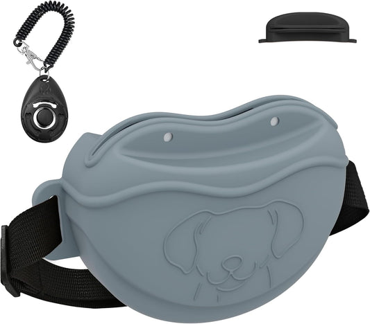 TUCANA Silicone Dog Treat Pouch for Pet Training – Upgraded 4 Strong Magnets Enhanced Magnetic Closure, Ease of Cleaning, Come with Adjustable Wasit Belt and Effective Dog Clicker (Grey)