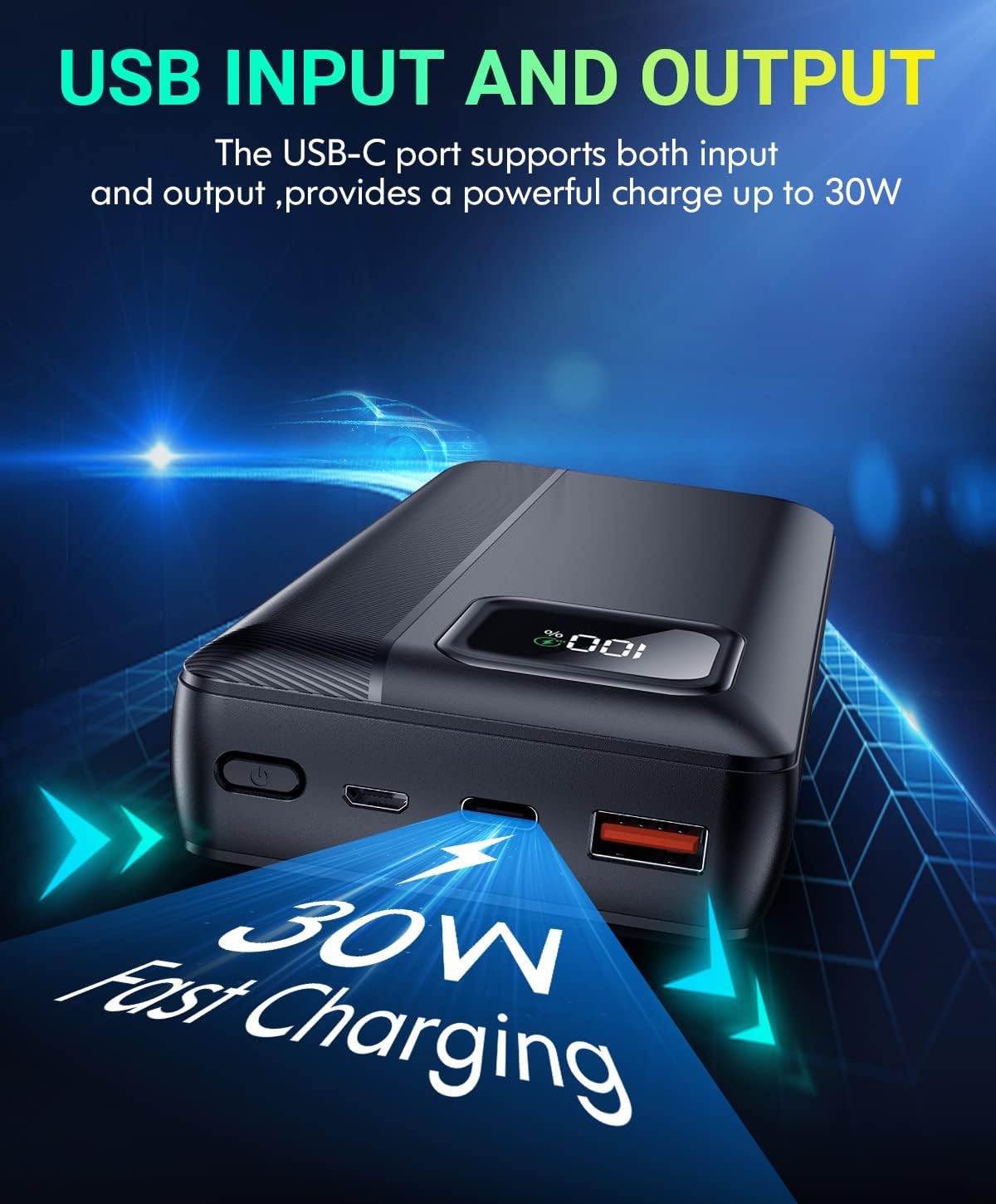 Power-Bank-Portable-Charger - 40000mAh Power Bank Support PD 30W and QC4.0 Fast Charging wiht Built-in 2 Output Cable and LED Display for iPhone and Android Phones and Most Electronic Devices