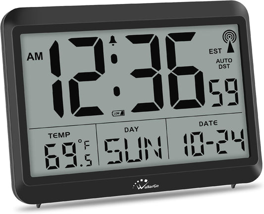 WallarGe Atomic Digital Wall Clock Battery Operated, Self-Setting, Large Display with Temperature, Date, Day of The Week, Silent Wall Mount Digital Clock, 4 Time Zones, DST
