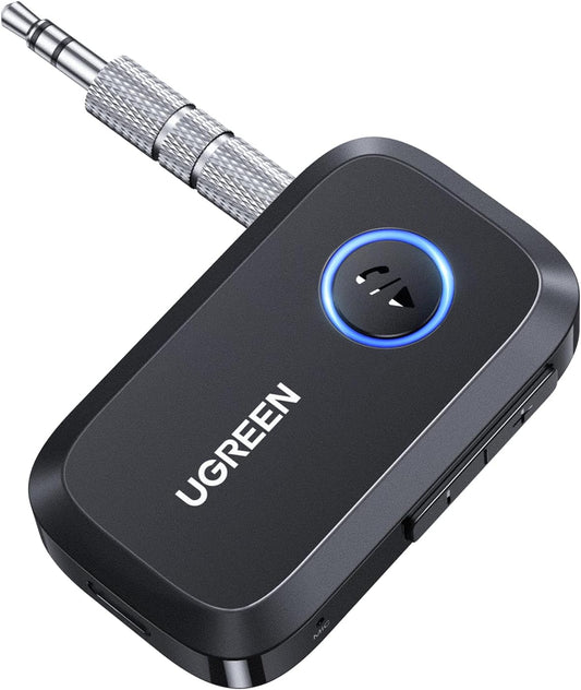 UGREEN Bluetooth 5.3 Receiver for Car, Aux to Bluetooth Adapter 3.5mm Jack, Crystal Clear Sound, Built-in Mic for Hands-Free Calls, 15H Battery Life, Compatible with Car Speaker Home Stereo Amplifier