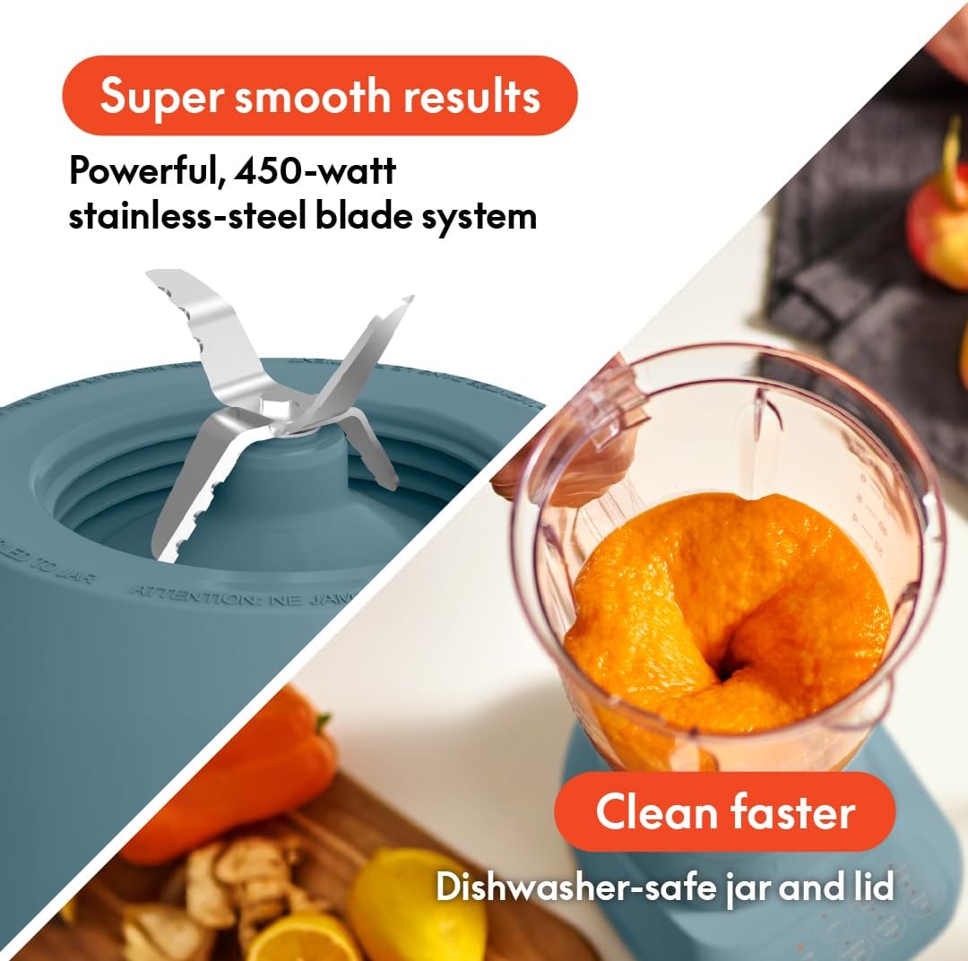 Bella 10-Speed Countertop Blender, Juicer and Smoothies, Fits Anywhere™, Slim Design with Lid and Lid for Dishwasher Stainless Steel Carafe, 450W, Surf
