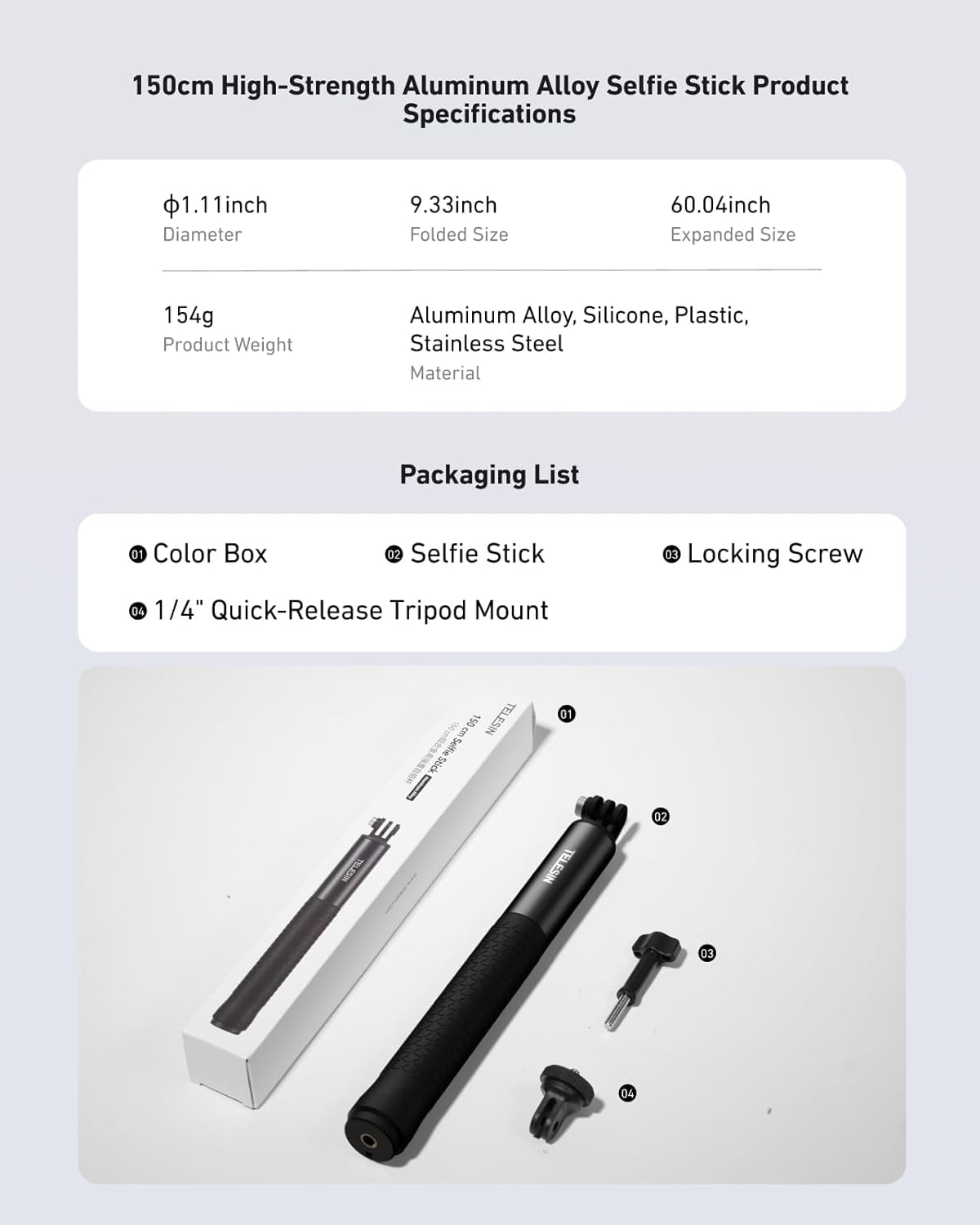 TELESIN 47" Extension Selfie Stick, Portable Smooth Handheld Invisible Monopod Pole for GoPro Hero 13 12 11 10 9/Insta360 X5 X4/DJI Osmo Pocket/AKASO Vlog Selfie Stick, Action Camera Accessories