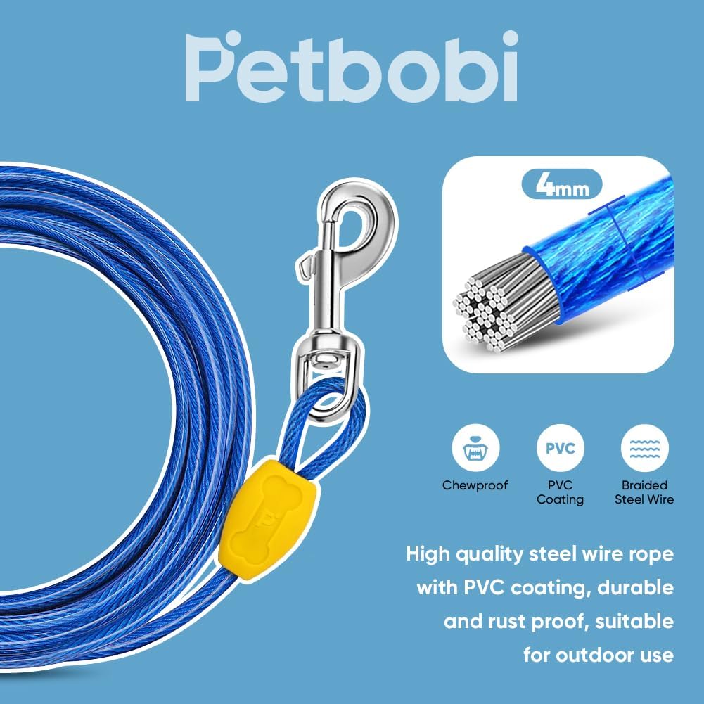 Petbobi Dog Tie-Out Cable 30ft - Outdoor Leash 4mm Metal Cable with Shock Absorbing Spring 360° Swivel Clips, Dog Chain for Yard Camping, Fit Small Medium Large Pets Up to 120lbs, Blue