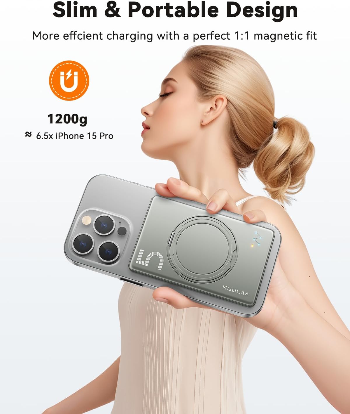 Power Bank Mag-Safe 5000mAh, Magnetic Wireless Power Bank, Mag-Safe Portable Charger Powerbank with Folding Swivel Stand Compatible with iPhone 16/15/14/13/12 Plus/Pro/ProMax - Titanium