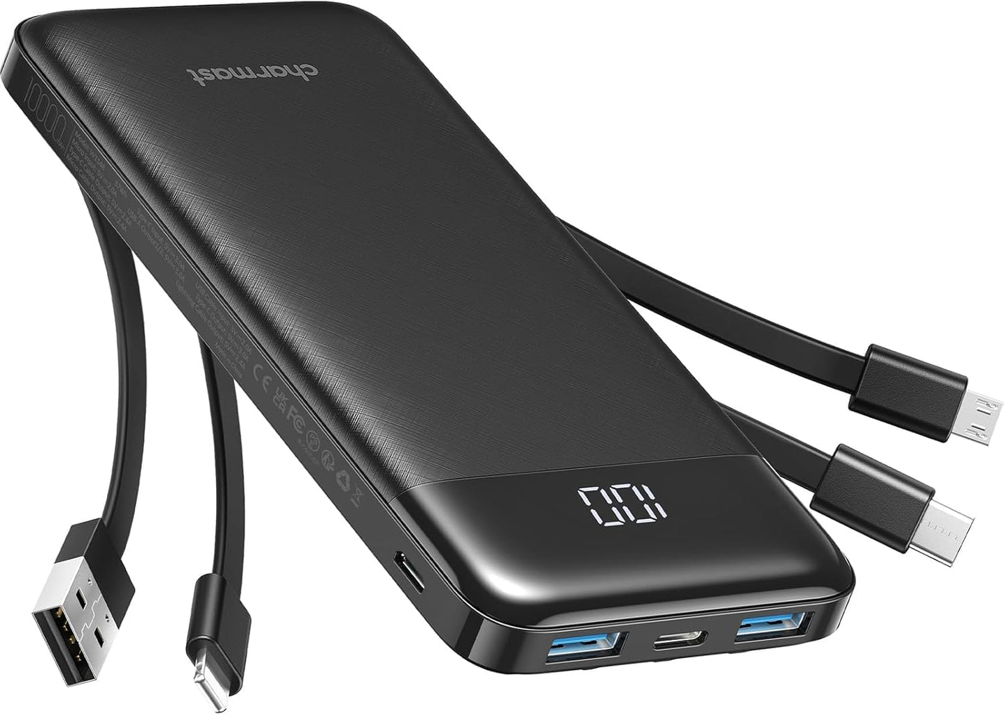 Charmast Portable Charger with Built in Cables, Power Bank with Cords Wires, Slim 10000mAh Travel Battery Pack 6 Outputs 3 Inputs 3A Fast Charging for Samsung Google Pixel LG Moto iPhone iPad