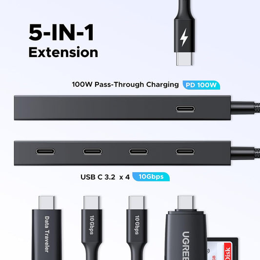 UGREEN USB C Hub 10Gbps, 5 in 1 Hub Extender with 4 USB C 3.2 and 100W PD Ports, Splitter for MacBook Pro/Air, iPad, PC, Laptops and More - PuriLite
