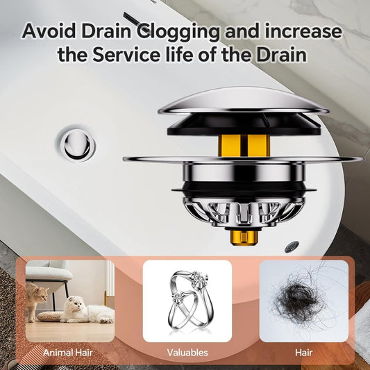 HAOMIAO Universal Pop-Up Bathtub Stopper with Clog-Proof Strainer, Bath Drain Plug (Fits 1.4-1.6 Inch Drains) - PuriLite