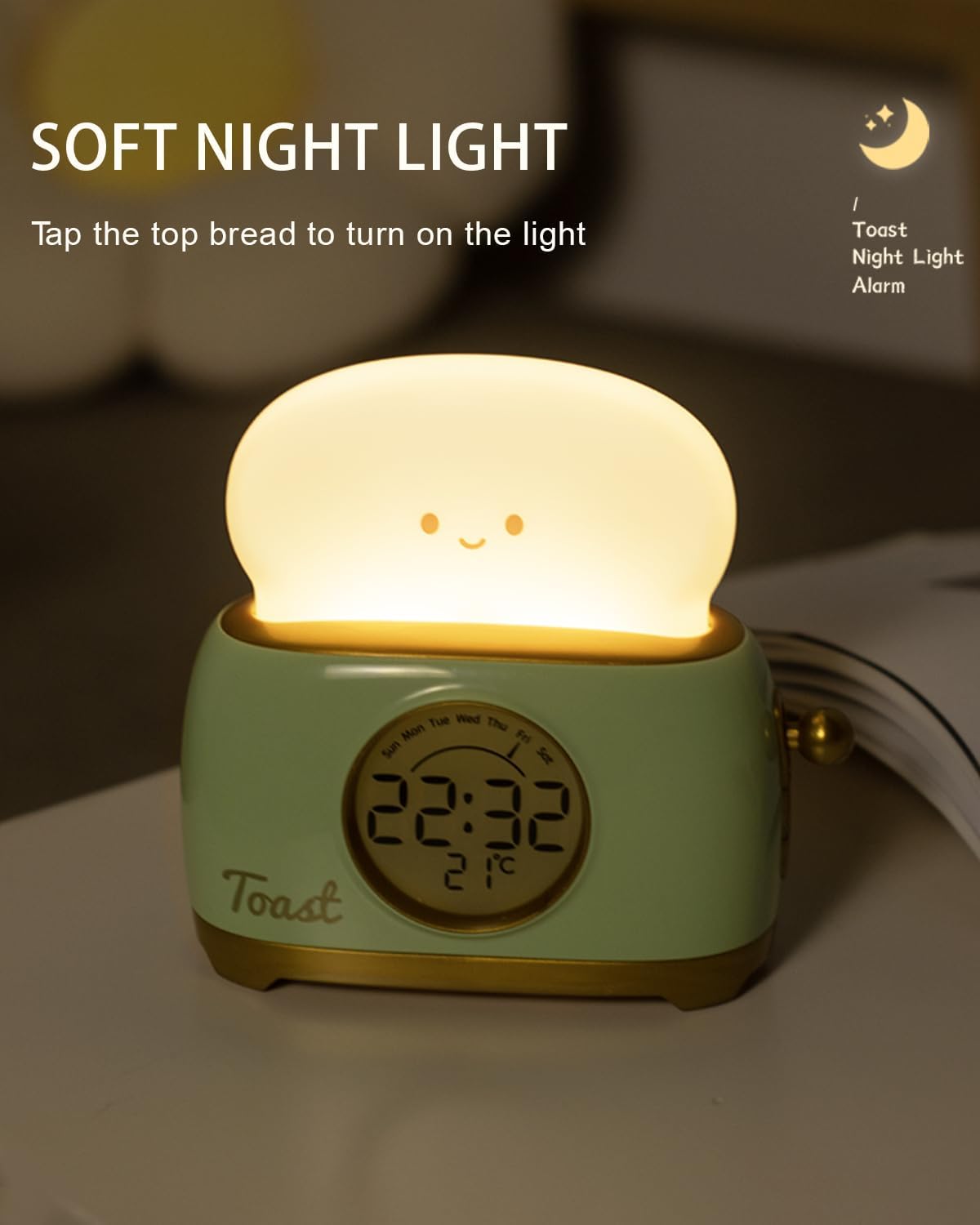 Alarm Clock for Kids, Cute Toast Night Light Alarm Clocks for Bedrooms, Dimming Rechargeable Small Led Desk Clock with Snooze & Countdown for Room Decor, Bedside Clock for Teen Girls Boys,Green