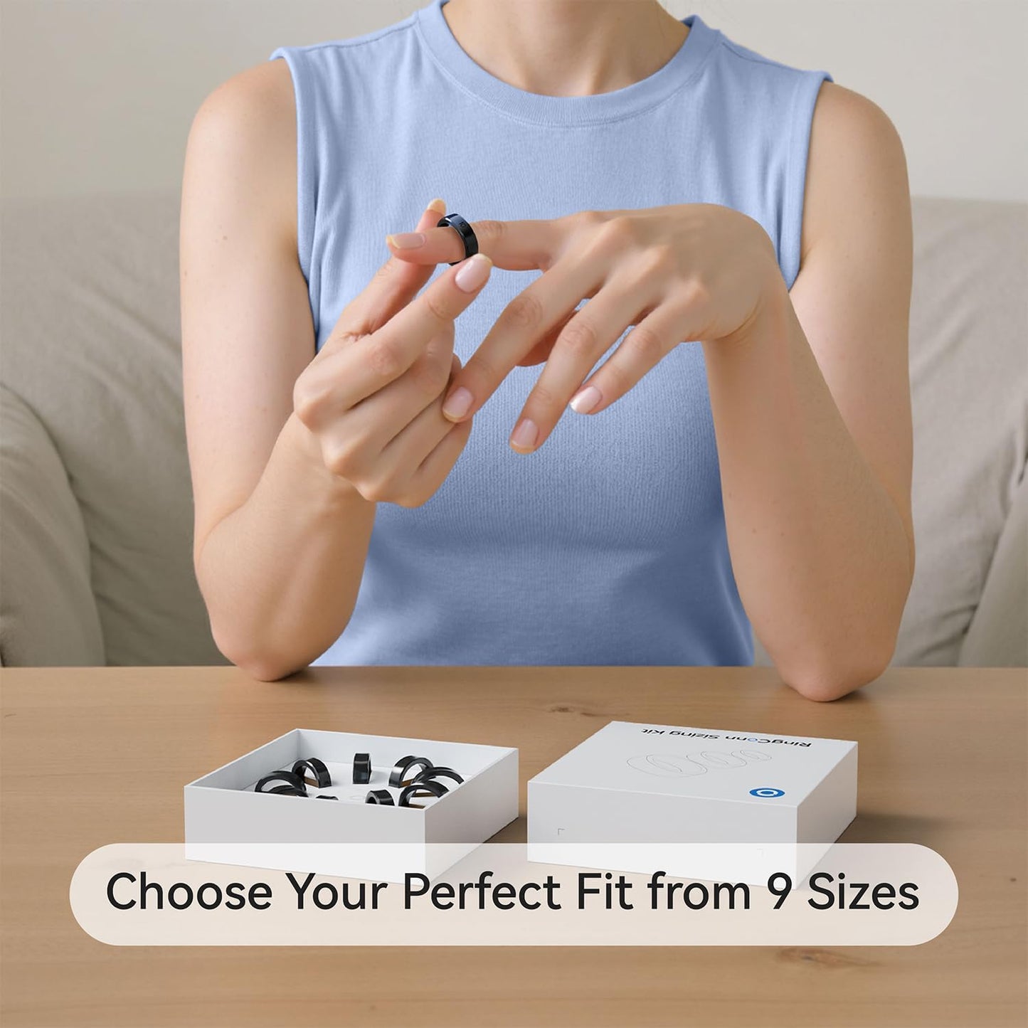 RingConn Gen 2 Smart Ring, No App Subscription, Size First with Sizing Kit, 12-Day Battery Life, Stress/Women's Health Tracker, Compatible with Android & iOS (Black, Size 8)