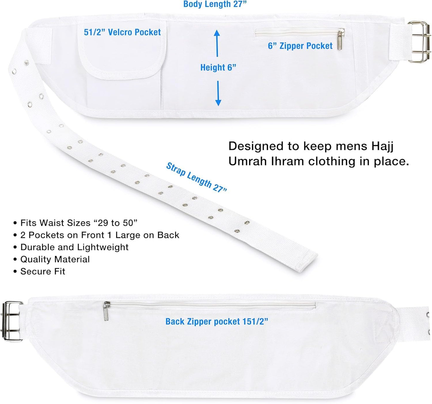 Purilite Select Ihram Belt for Hajj and Umrah – Adjustable Size with Front Pockets and Zippered Compartments