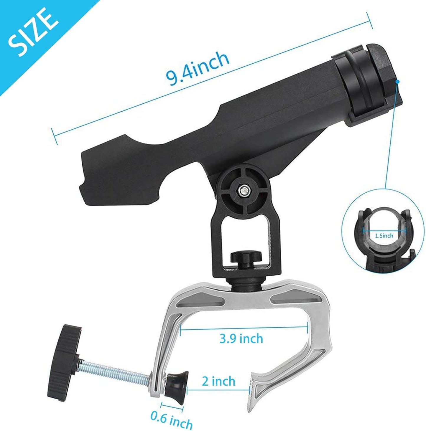 ROUDJER Fishing Rod Holders for Boats, 2 PCS 360 Degree Adjustable Rod Racks with Large Clamp Opening, Universal Fishing Accessories for Kayak Canoe, Easy Installation, Fishing Gifts for Men (Black)