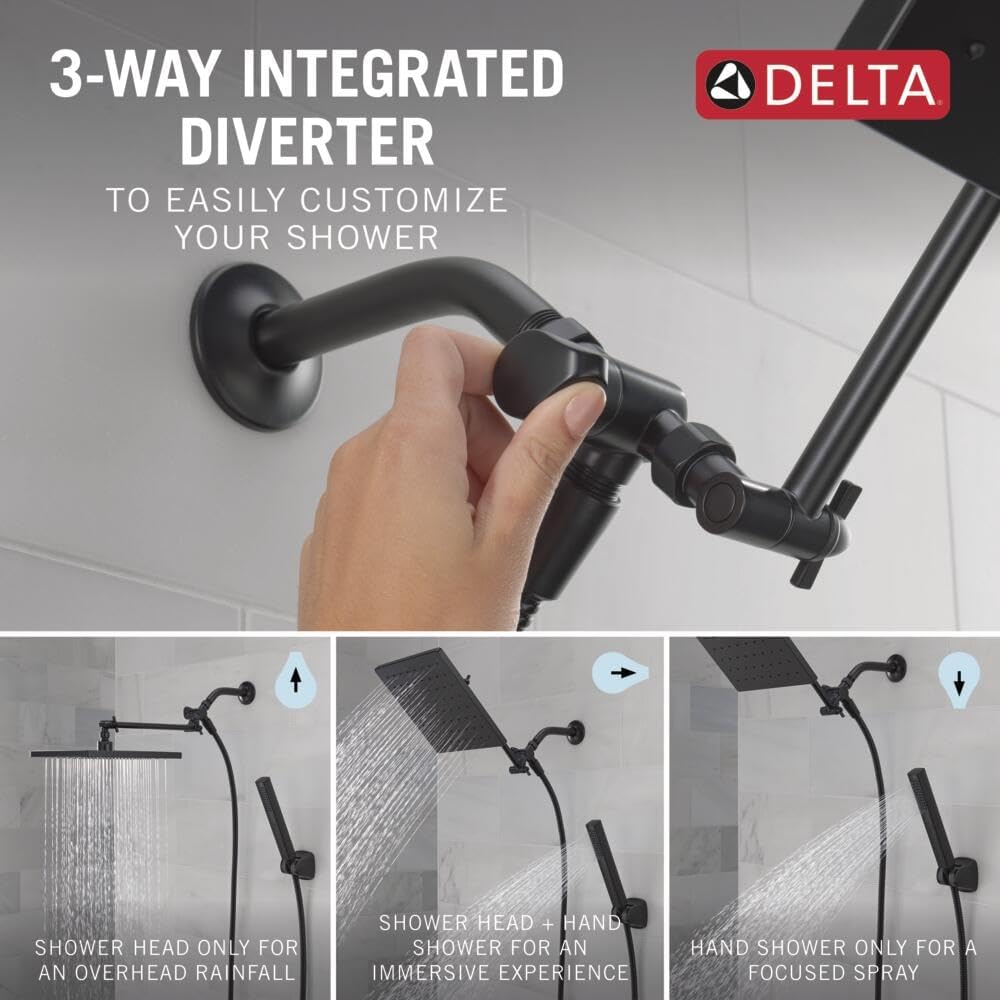 Delta Faucet 10-inch Raincan Shower Head and Hand Held Shower Combo, Black Square Shower Head, Rainfall Shower Head, Hand Shower, High Pressure Shower Head, 1.75 GPM Flow Rate, Matte Black 75527-BL