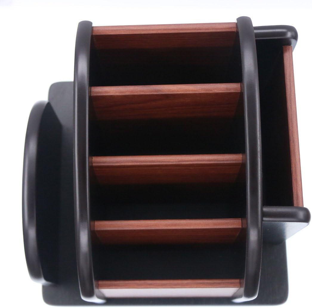 Coideal Large Remote Controls Holder, Rotating Wooden Caddy for Table, Spinning Office Supplies Desk Storage Organizer / Revolving Wood Pen Pencil Holder (6 Compartments, Brown & Black)