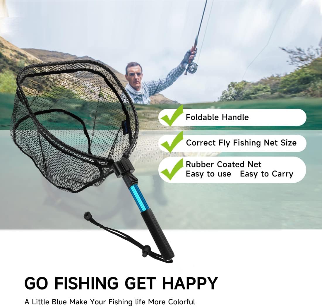 SAN LIKE Fishing Net Telescopic Landing Nets Folding Rubber Fish Net Rubber Coated Landing Net with Adjustable Sturdy Pole Handle for Saltwater Freshwater Bass Trout Fishing Easy Catch & Release