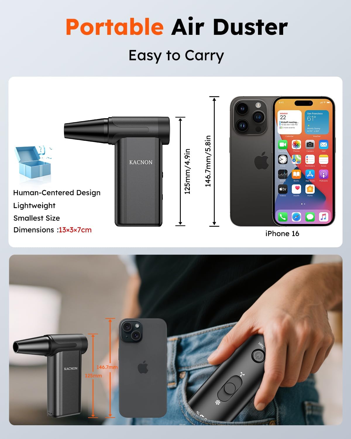 KACNON High-Speed Electric Air Duster 160000 RPM, Cordless Turbo Compressed Air Blower with LED Display, Reusable Mini Air Cleaner