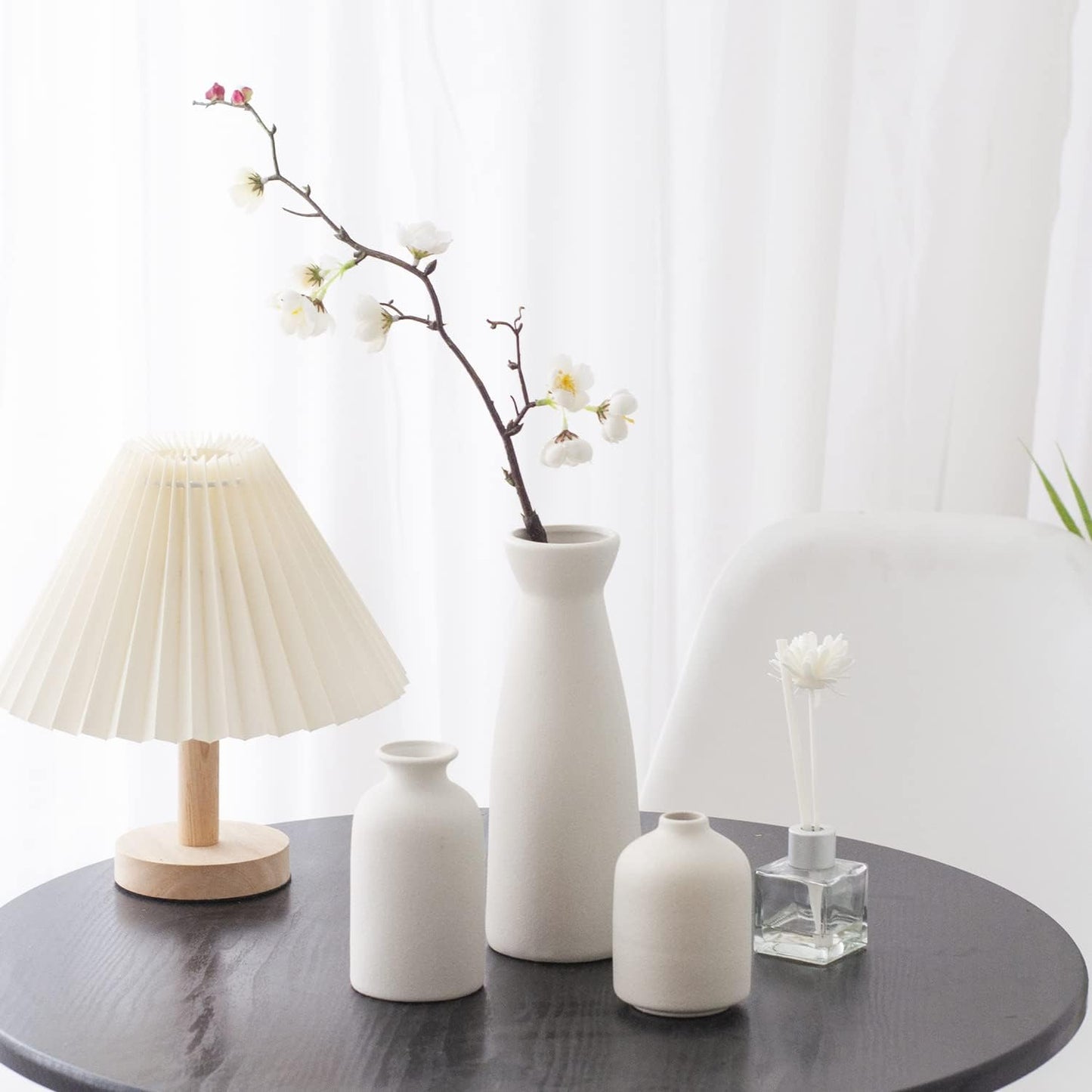 CEMABT White Ceramic vase Set-3 Small Flower vases for Decor,Modern Boho Farmhouse Home Decor,Decorative vase for Pampas Grass&Dried Flowers,idea Shelf,Table,Bookshelf ,Entryway- Distresse