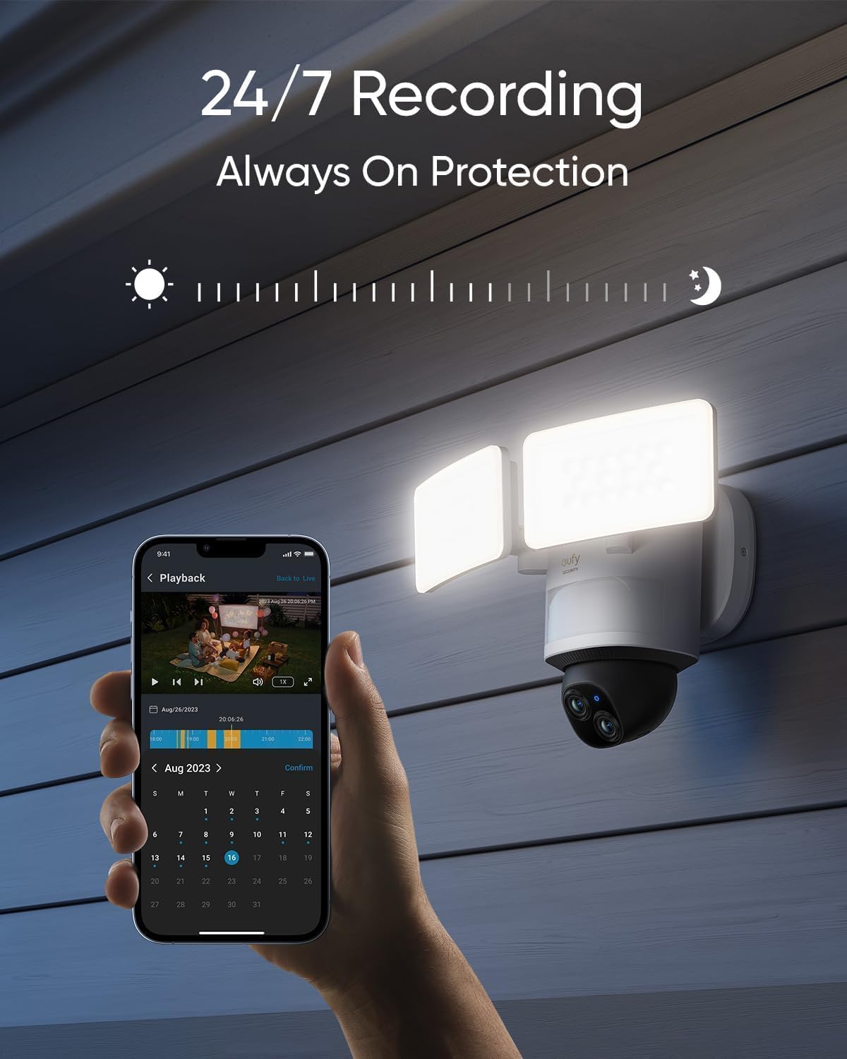 eufy Floodlight Camera E340 with AC Cable, Security Camera Outdoor, 360° PTZ, 24/7 Recording, 2.4G/5G Wi-Fi, 2000 LM, Motion Detection, Built-in Siren, Dual Cam, HB3 Compatible, No Monthly Fee