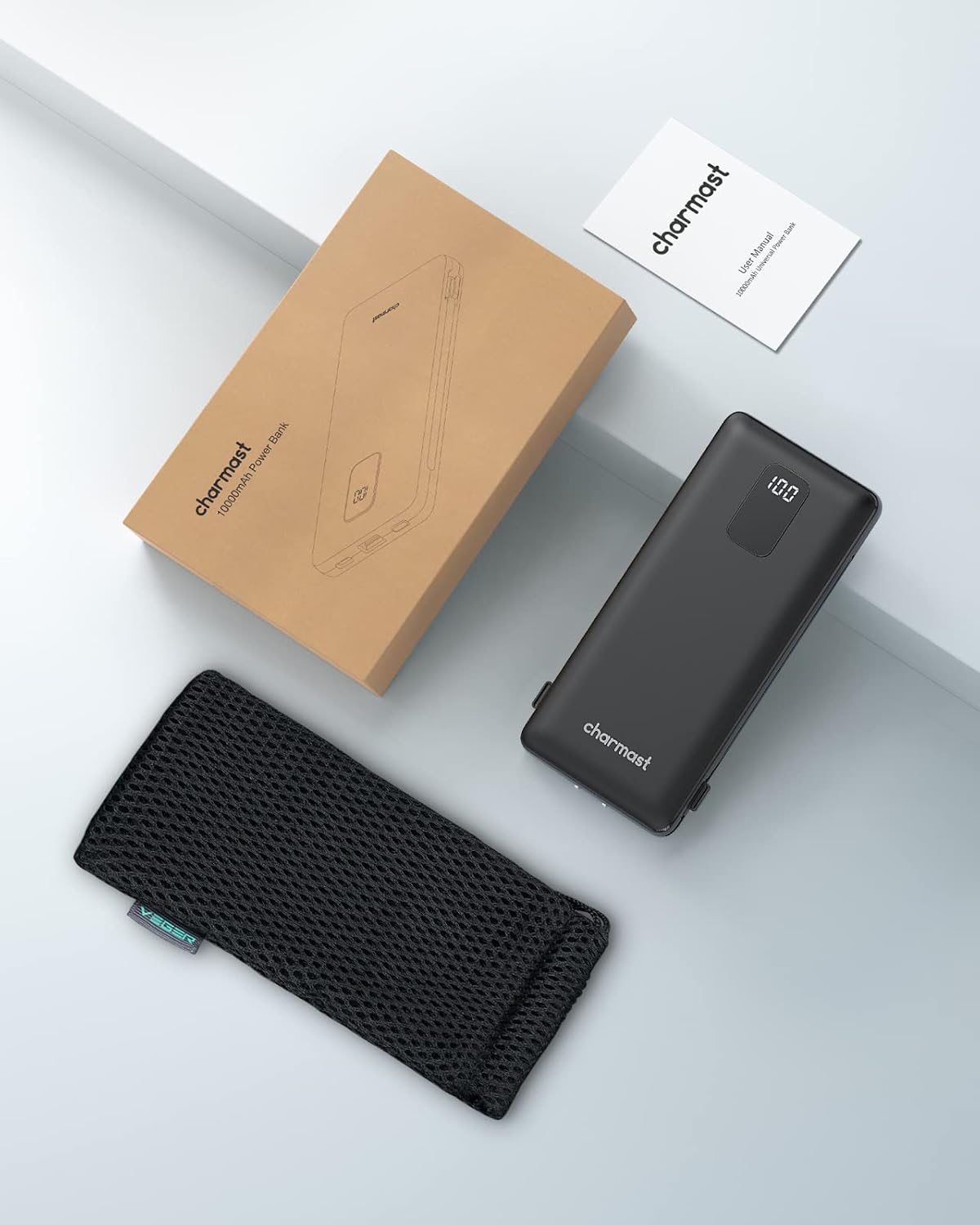 Charmast 10000mAh Portable Charger with Built-in Cables and AC Wall Plug,USB C Battery Pack Power Bank,5 Output 2 Input Battery Pack Compatible with iPhone 16/15/14/13/12,Andriod Series