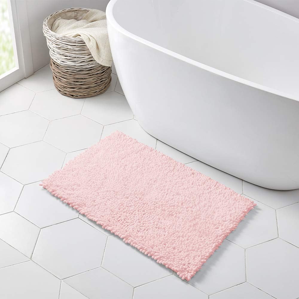 Walensee Bathroom Rug Non Slip Bath Mat (24x17 Inch Blush) Water Absorbent Super Soft Shaggy Chenille Machine Washable Dry Extra Thick Perfect Absorbant Best Small Plush Carpet for Shower Floor