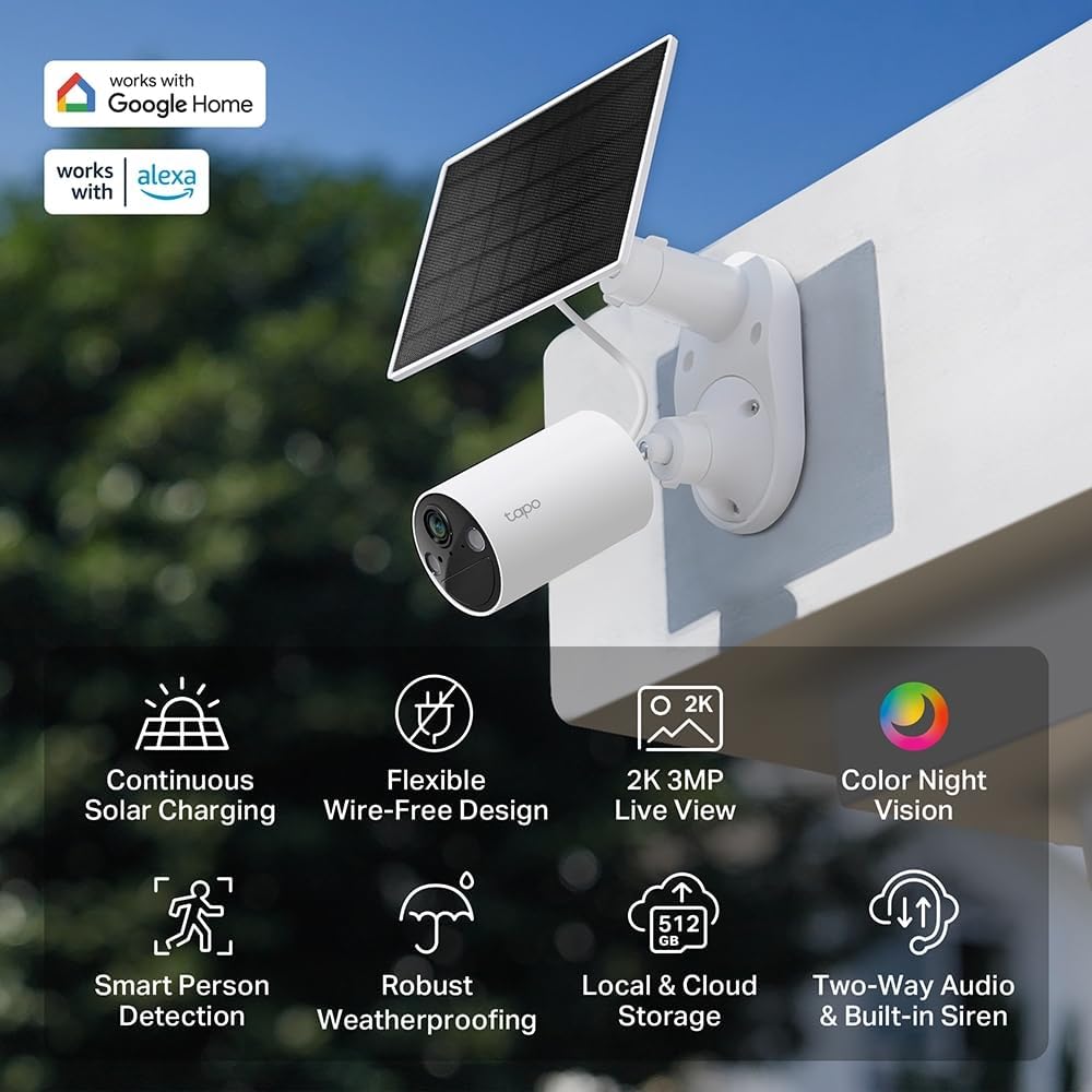 TP-Link Tapo SolarCam 2K, Outdoor Battery Camera w/Solar Panel Base, Wireless Camera, 2K QHD, 150° Super-Wide FOV, Free Person/Vehicle/Pet Detection, SD/Cloud Storage, Starlight Color Night Vision