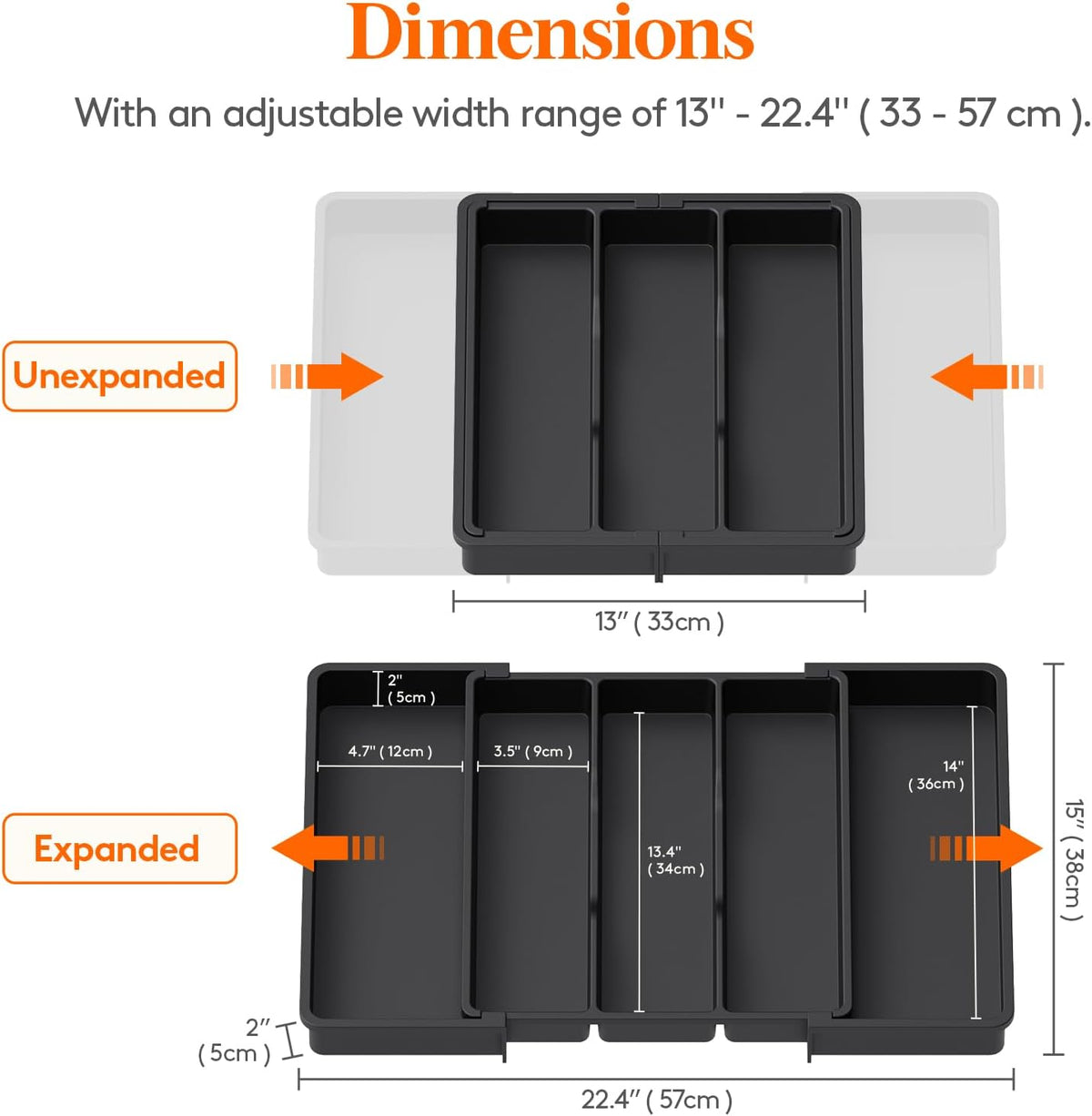 Extra Large Expandable Kitchen Drawer Organizer, 5-Compartment Cooking Utensil and Cutlery Tray, Adjustable Plastic Storage for Spatulas, Tools, and Gadgets - PuriLite