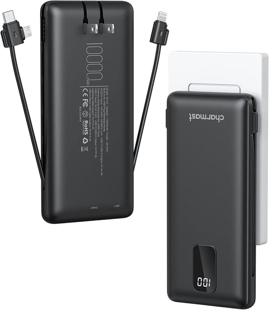 Charmast 10000mAh Portable Charger with Built-in Cables and AC Wall Plug,USB C Battery Pack Power Bank,5 Output 2 Input Battery Pack Compatible with iPhone 16/15/14/13/12,Andriod Series