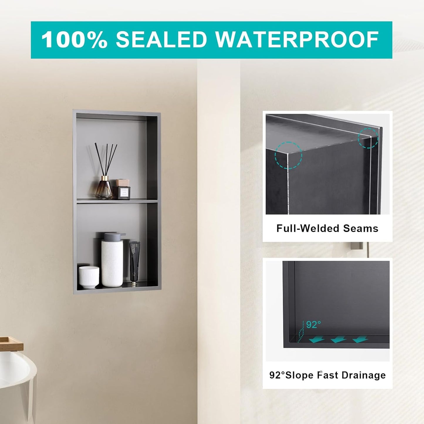 MENATT No Tile Shower Niche, Stainless Steel Wall Niche 13"X19"(Inner Size 12"X18"), Two-Tier Bathroom Shelf, NO Tile Needed Recessed Niche Shower for Bathroom Storage, Black