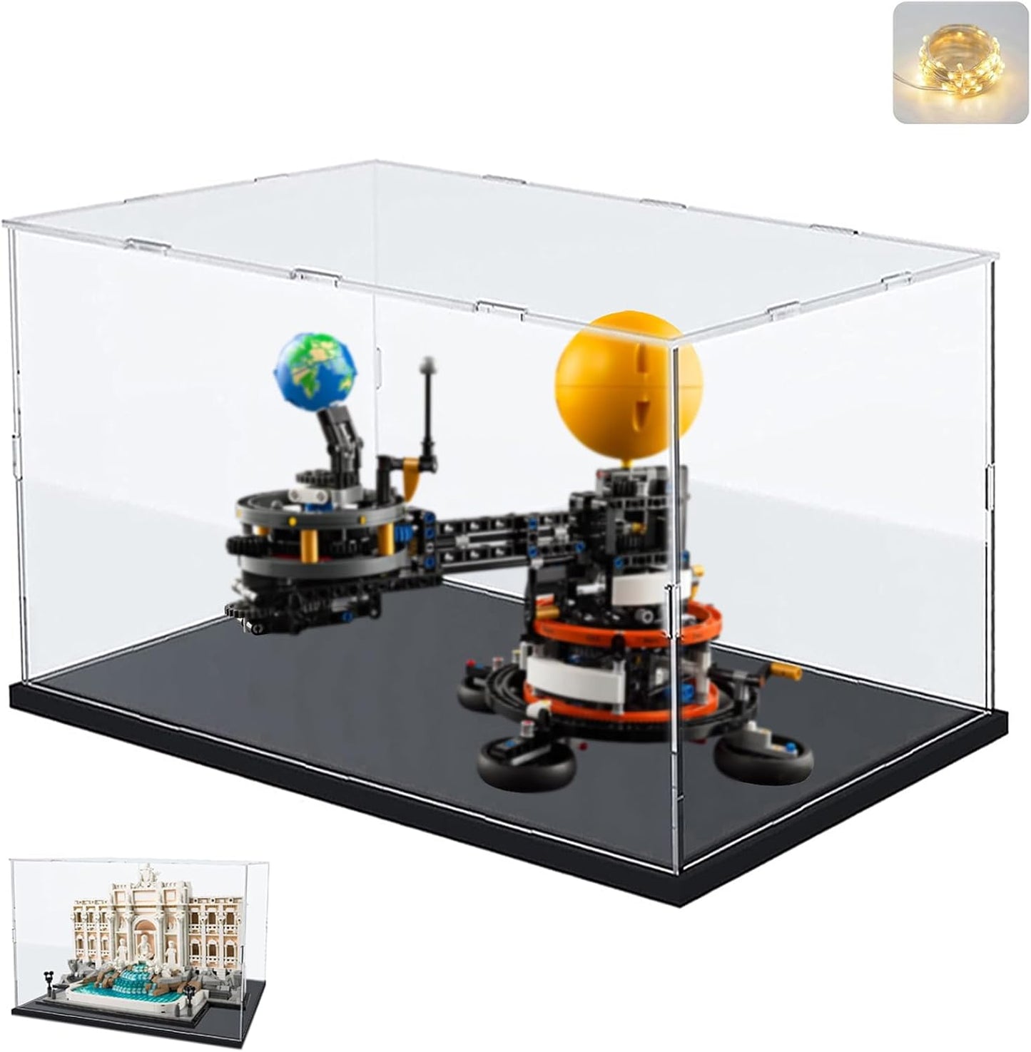 Thickened Clear Acrylic Display Case for Lego 10330 43268 76450 42170 10295 10353 Collectibles, Transparent Box Dustproof Protection with Wood-Plastic Base & String Light, Black Inside 40x20x20cm
