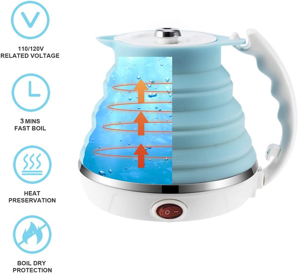 120V 555ML Ultrathin Travel Foldable Electric Kettle with Separable Power Cord and Handle, Boil Dry Protection, Food Grade Silicone