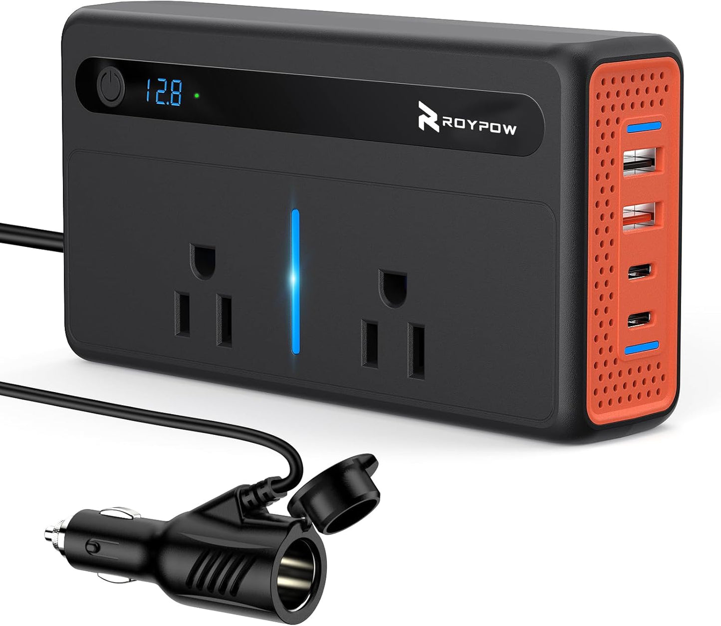 RoyPow 200W Car Power Inverter, DC 12V to 110V AC Power Inverter with Cigarette Lighter Port, Car Plug Adapter Outlet with 3.4A USB-A, QC3.0 24W, PD 30W, PD 36W, Dual AC Outlets, Car Charger Adapter