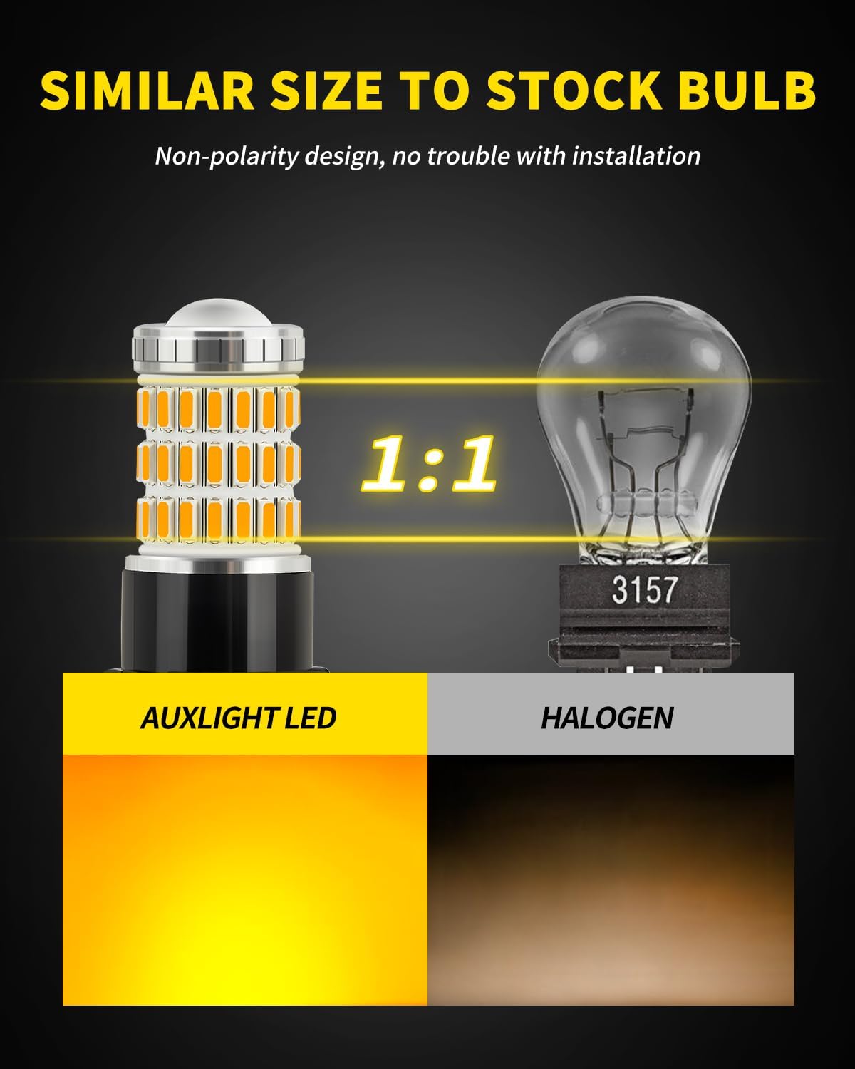 AUXLIGHT 3157 3156 4157 3057 3357 LED Bulbs, Ultra Bright 60-SMD LED Replacement for Turn Signal Blinker Lights, Brake/Tail Lights, Parking/Running Lights, Amber Yellow (Pack of 2)