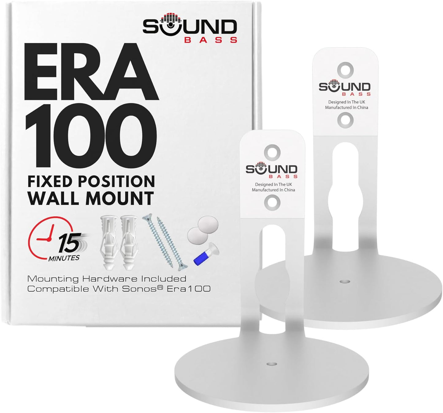 ERA100 Wall Mount Bracket, Low Profile, White, Single Unit, Compatible with Sonos ERA 100 Speaker, Complete with All Fixing Hardware