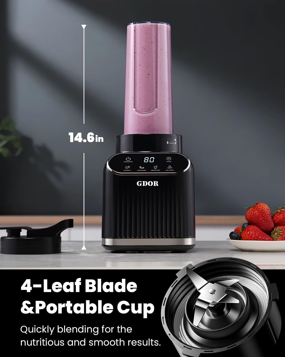 GDOR Blender 1200W, 5 Programs Smoothie Blender with Glass Jar & To-Go Cup
