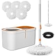 Spin Mop and Bucket System with180-Degree Rotating Head Telescopic Handle Dual Chamber Bucket Floor Cleaning Set with 3 Mop Refills Dual-Function Wringing Hand-Press and Foot-Pedal