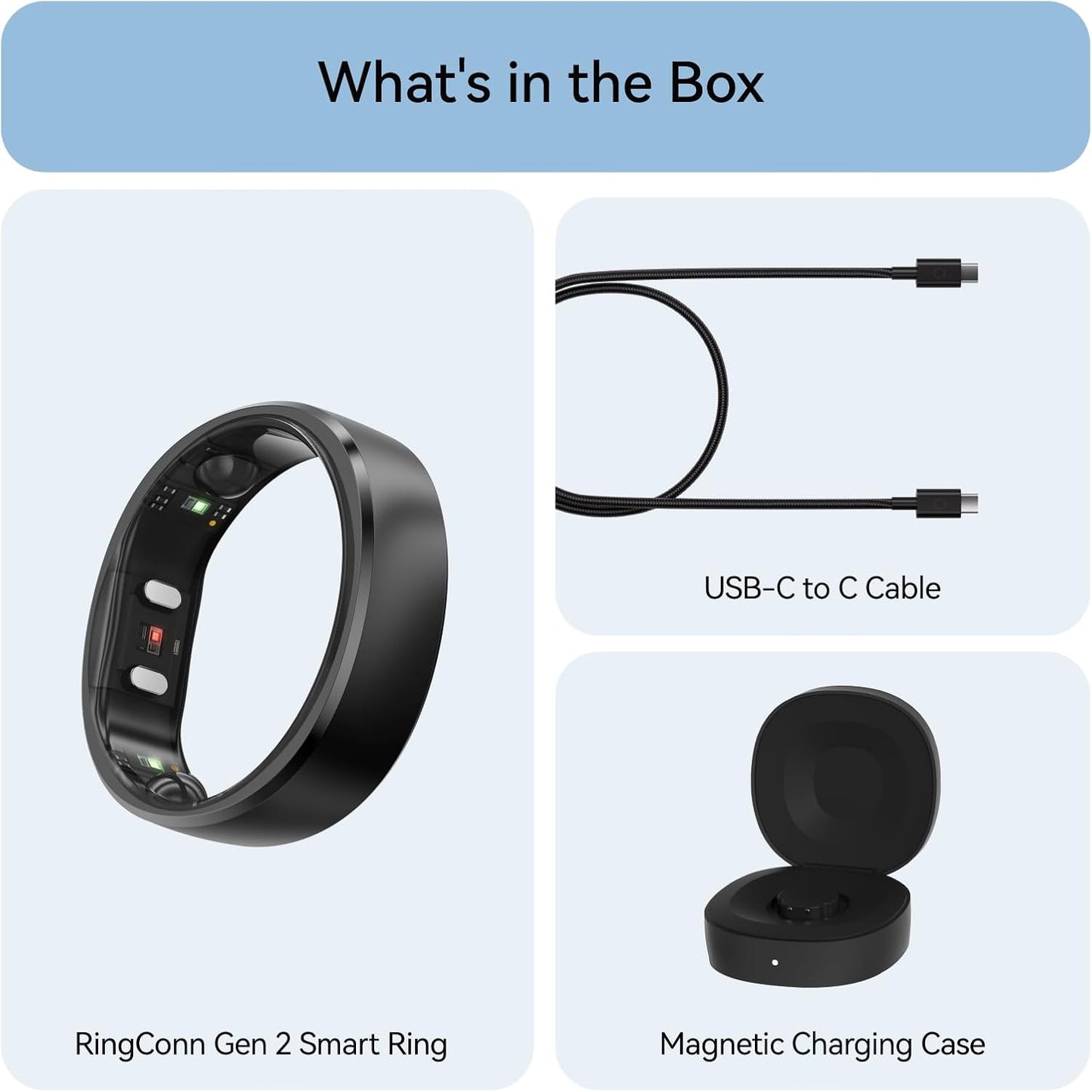 RingConn Gen 2 Smart Ring, No App Subscription, Size First with Sizing Kit, 12-Day Battery Life, Stress/Women's Health Tracker, Compatible with Android & iOS (Black, Size 8)