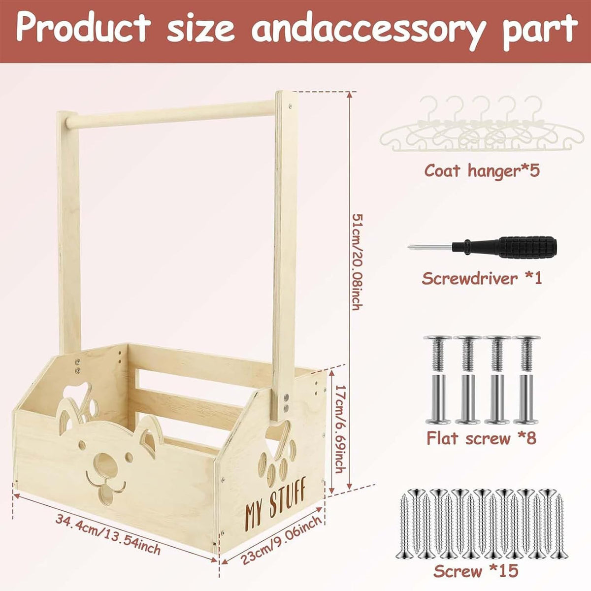 Wooden Baby Storage Organizer | Nursery Basket with 5 Hangers