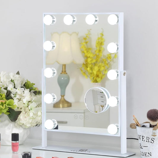 FENCHILIN Lighted Makeup Mirror Hollywood Mirror Vanity Makeup Mirror with Light Smart Touch Control 3Colors Dimmable Light Detachable 10X Magnification 360°Rotation(White) - PuriLite