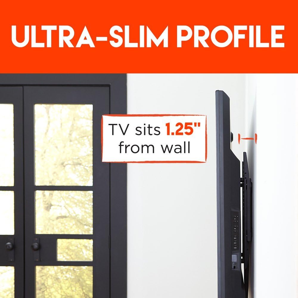 ECHOGEAR Low Profile Fixed TV Wall Mount Bracket for Most 32-80 inch LED, LCD, OLED and Plasma Flat Screen TVs - Holds TV 1.25" from The Wall - EGLL1-BK