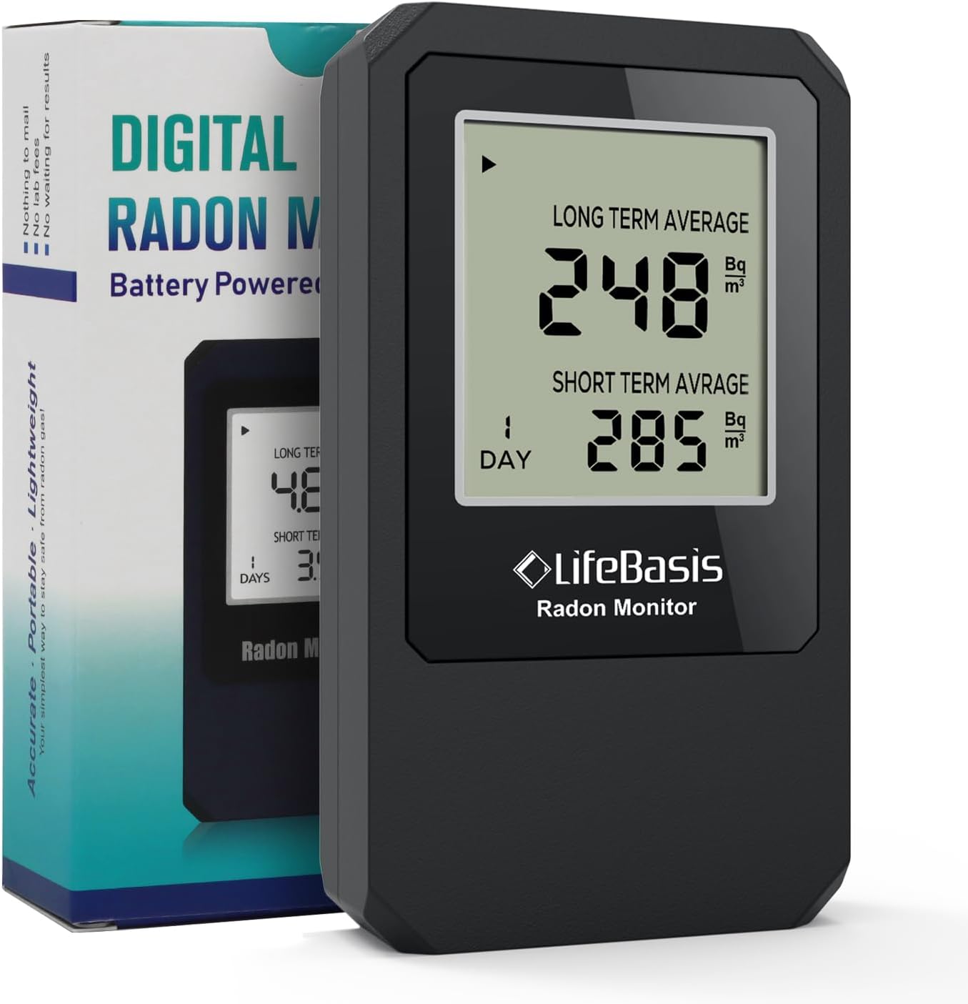 Life Basis Radon Detector for Home Radon Tester Portable with Large Screen Long and Short Term Radon Monitoring Battery Operated, Canadian Version in Bq/m - Dark Grey