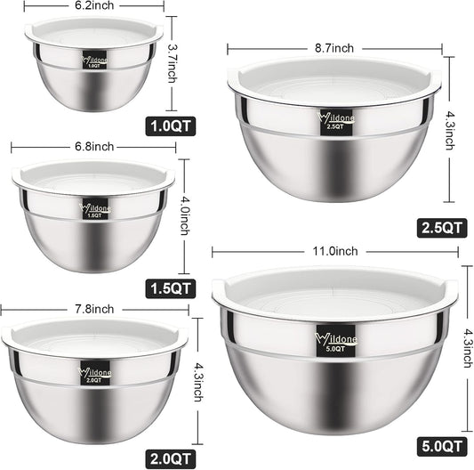 Mixing Bowls with Airtight Lids - Wildone 19 Piece Stainless Steel Nesting Bowls Set, BPA Free & Extra Deep, Size 5, 2.5, 2, 1.5, 1 QT, Great for Mixing & Serving - PuriLite