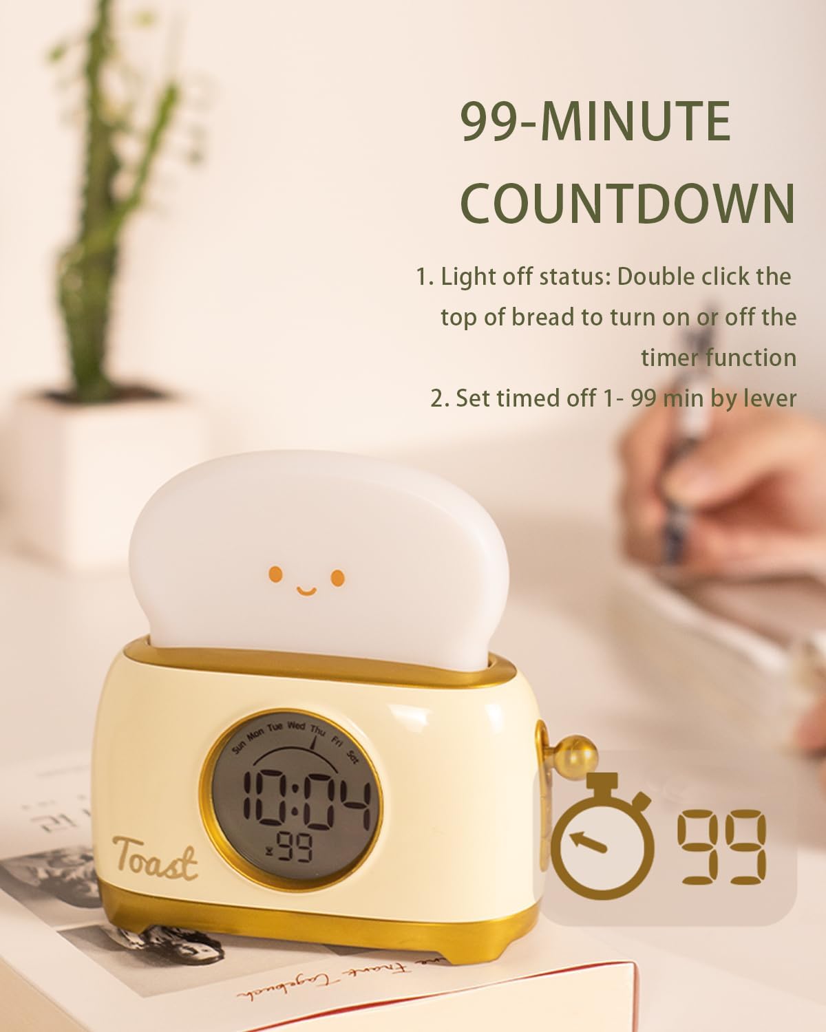 Alarm Clock for Kids, Cute Toast Night Light Alarm Clocks for Bedrooms, Dimming Rechargeable Small Led Desk Clock with Snooze & Countdown for Room Decor, Bedside Clock for Teen Girls Boys,Green