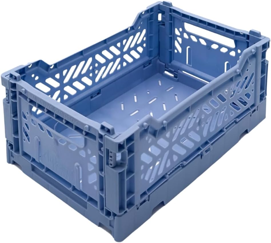 AYKASA Collapsible Storage Bins, Plastic Crate for Storage, Collapsible Crate, Utility Stackable Box (Small, Arctic blue)