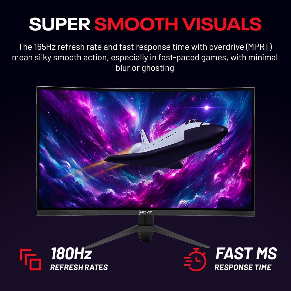 Skytech Gaming 27-inch Curved Gaming Monitor up to 180Hz, QHD 2K(2560 x 1440), 3.7ms Response Time, 1500R VA Panel, FreeSync & G-Sync Support, Swivel Tilt Height Pivot Adjustable, HDMI & DisplayPort
