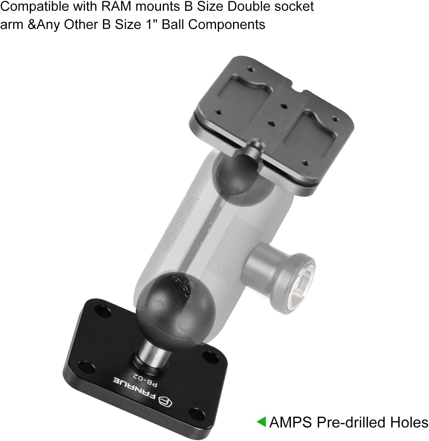 FANAUE Aluminum1'' Ball Mount Base with 4-Hole AMPS Square Plate & 1" Ball Adapter Compatible RAM Mount B Size Double Socket arm and Bike Motorcycle Phone Holder