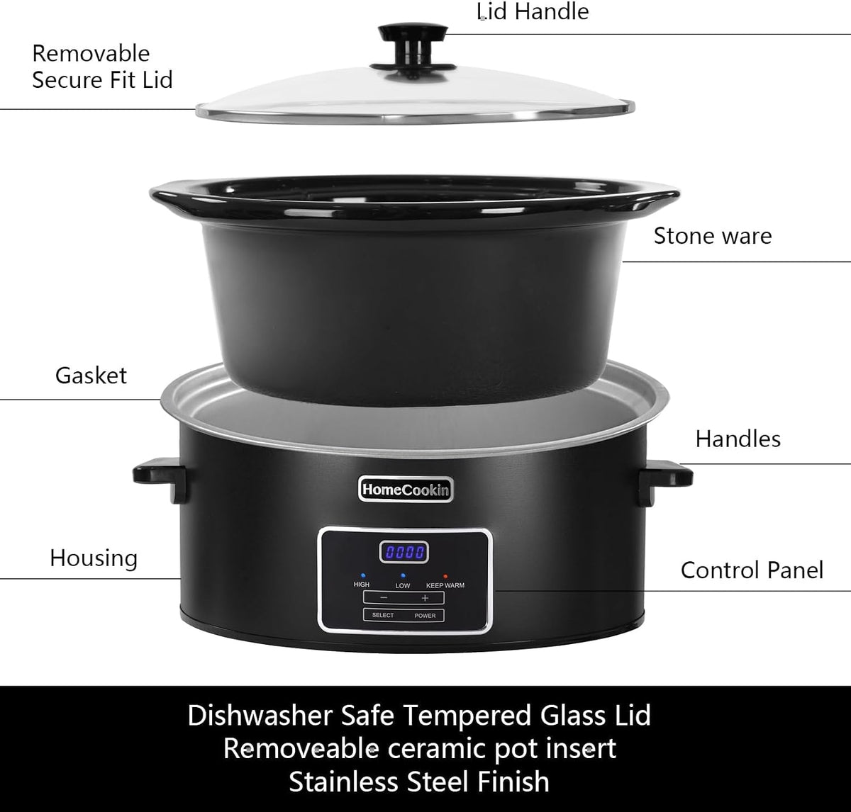 HOMECOOKIN 7 Quart Programmable Slow Cooker, Kitchen Appliances, Perfect Kitchen Small Appliance for Family Dinners, Black Stainless Steel