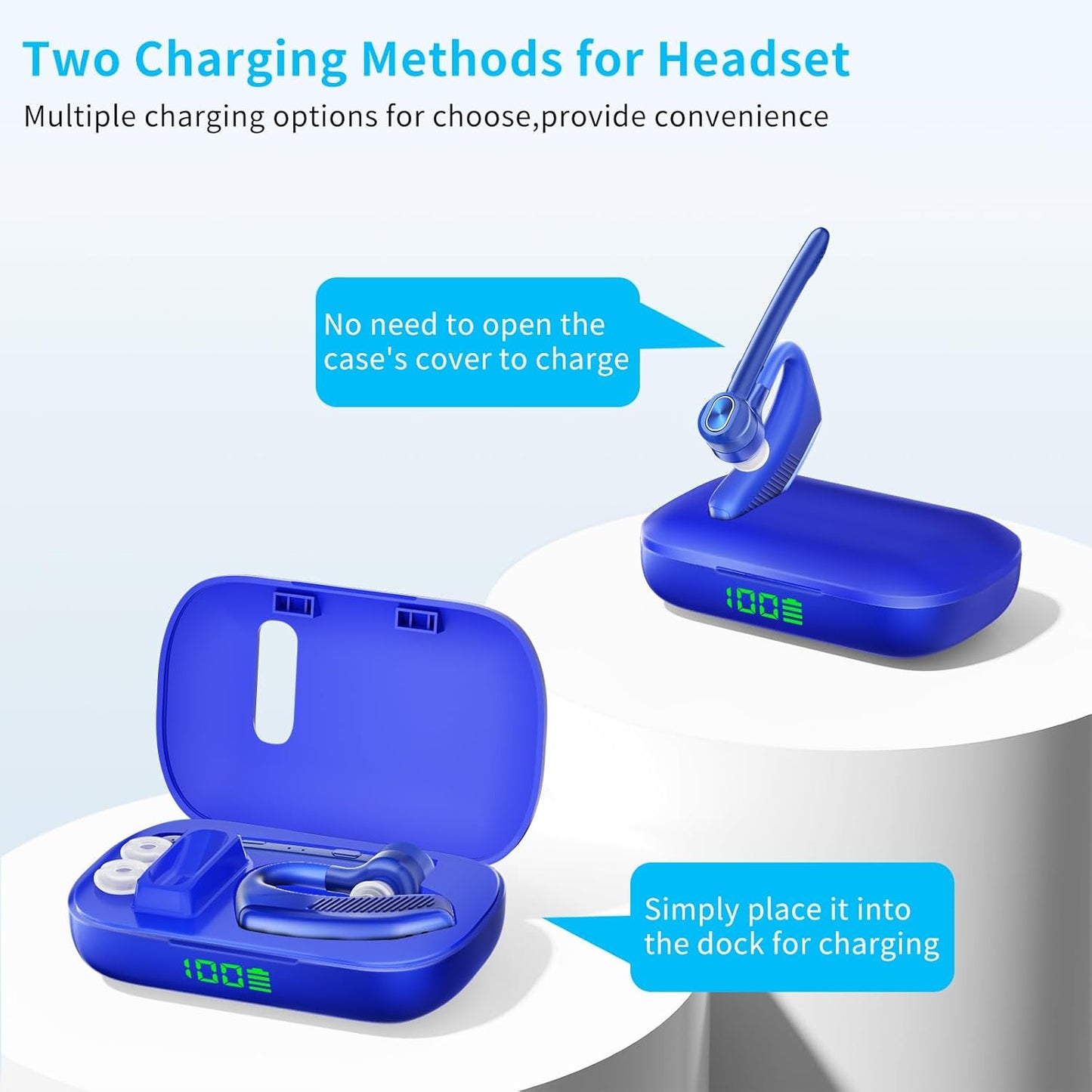 Wireless Headset Bluetooth Earpiece with Dual Noise Canceling Microphone Hands Free Headphones Single Ear Earphone Over Ear Earbud for iPhone Samsung Android Cellphones TV PC Trucker Game Work