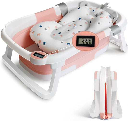 Befol Collapsible Baby Bathtub for Infants to Toddler, Portable Travel Bathtub Multifunctional Bathtub with Drain Hole, Baby Folding Bathtub for Newborn 0-36 Month (Blue+Floating Baby Bath Cushion Pink