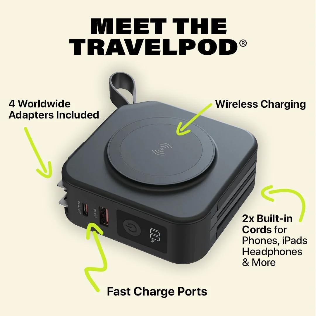 Travelpod 5-in-1 Travel Charger Power Bank - Global Compatibility, Wireless Charging, 10,000mAh - iPhone, AirPods, iPad, Watches, Samsung, Android - Includes 4 Universal Adapters (Black)